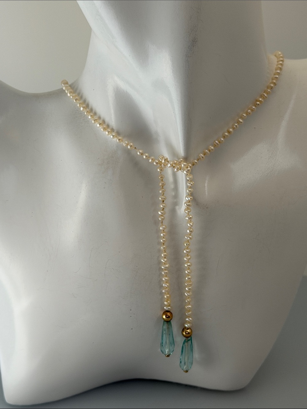 Vintage real Pearl Lariat Necklace with Aqua Teardrop Accents